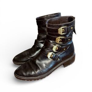 STUART WEITZMAN leather combat boots, brown, brass buckle/straps, lug sole. 7